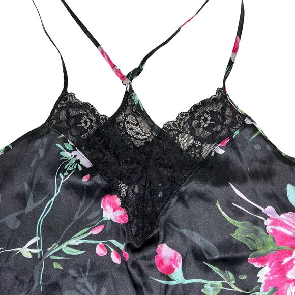 Secret Treasures Silky Satiny Sleep Camisole Black Lace and Floral Print S/CH4-6 - Picture 3 of 9